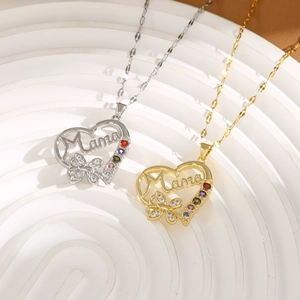 Detailed close-up of heart Mama necklace with colorful crystals and butterfly charm