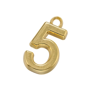 Detail macro view of 18K gold plated number 5 pendant with polished metallic luster