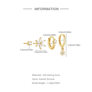 Detailed size specifications for gold S925 sterling silver zircon earring set pieces