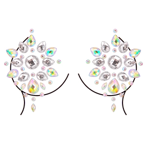 Detailed view of iridescent AB crystal chest stickers for EDM festivals and body decoration