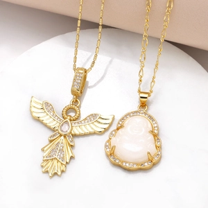 Hip Hop Copper Gold Plated Zirconia Angel Wings Buddha Pendant Necklace Fashion Urban Style Clavicle Chain Jewelry For Unisex