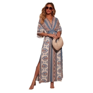 Bohemian floral printed maxi dress with deep V-neck, high waist cut and side slit detail