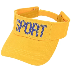 Detail of children's yellow sun visor with blue SPORT embroidery and adjustable strap