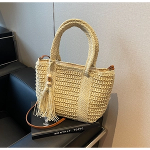 Detailed texture of hand-woven straw tote with wooden beads and tassel decoration