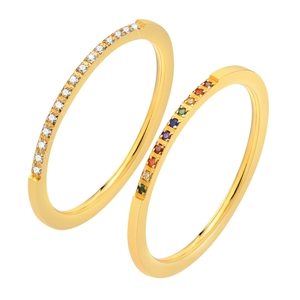 Set of 2 minimalist 1mm titanium steel rings with colorful zircon in gold finish