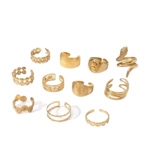 11-piece vintage style gold adjustable ring set with snake, heart, and hollow designs