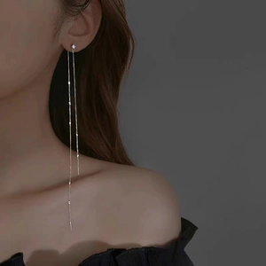 Sparkling long tassel chain earrings with crystal stud in polished silver finish