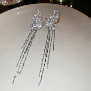 Elegant silver butterfly tassel ear bone clips with sparkling zircons for women