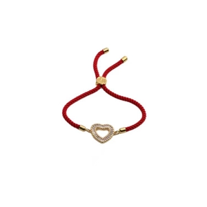 Red woven rope bracelet with a gold heart pendant and white cubic zirconia crystals