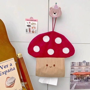 Hanging corduroy mushroom tissue holder with red polka dots and cute face detail