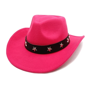 Close-up of rose red wool cowboy hat featuring a black belt with silver star studs