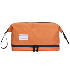 Orange dry-wet separation travel toiletry bag with handle and double-layer design