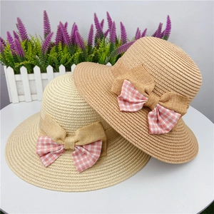 Women Straw Bucket Hat With Plaid Bow Sun Protection Summer Beach Wide Brim Sweet Casual Foldable Fisherman Cap
