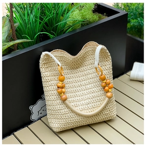 Detailed close-up of a natural straw woven bag with vibrant yellow and orange wooden beads