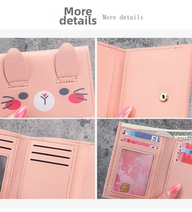 Detailed views of a pink cat-themed short wallet featuring card slots and snap closure
