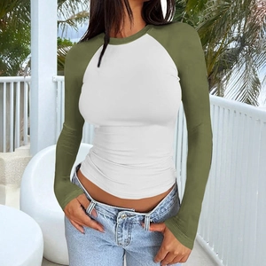 Maglietta Donna Maniche Lunghe Viscosa Elastan Maniche Raglan Vestibilità Aderente Girocollo Contrasto Colore