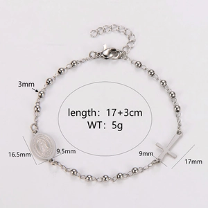 Vintage stainless steel beaded bracelet with Virgin Mary medal and cross charm charms