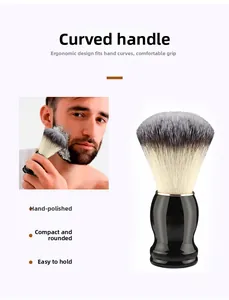 Macro detail of ergonomic black shaving brush handle with polished finish for men