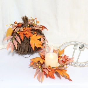 Autumn maple leaf candle holder set with rattan pumpkin and berries for table decor