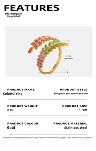 Detail view of gold stainless steel leaf ring with 1.7cm adjustable size and 2.5g weight