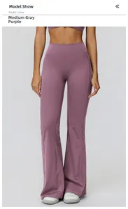 Close-up of high-waist flared yoga leggings in medium grey purple with side seams