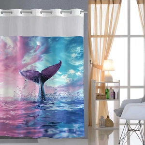 Detail showing rust-proof metal rings on a floral whale tail printed shower curtain