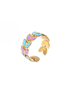 Detail of adjustable 18k gold plated ring featuring pastel blue and purple enamel leaves