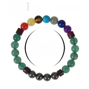 Detail of 8mm multicolor crystal bracelet featuring moonstone, ironstone and wood beads