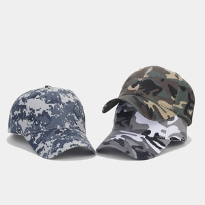 Detailed close-up of outdoor camouflage baseball caps in various digital and jungle patterns
