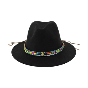 Black wool fedora hat with ethnic colorful beaded woven band and decorative side ropes