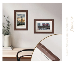 Detail view of walnut wood photo frames showing a 3.5cm thick frame and 1.5cm front width