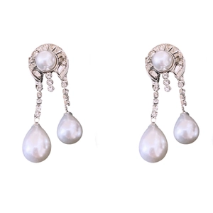 Elegant silver earrings with round pearls and sparkling water drop pearl tassels