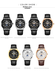 Detalle de relojes de cuarzo para negocios con fase lunar y correas de cuero de colores
