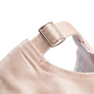 Rear view of pink satin baseball cap with metallic adjustable buckle and premium stitching