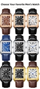 Matrix view of rectangular quartz watches with leather straps and Roman numeral dials