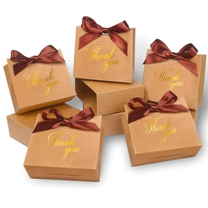 Lot de boîtes cadeaux en papier kraft marron avec ruban rose et lettrage doré Thank You