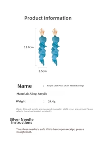 Detailed view of blue acrylic petal tassel earrings with 12.8cm size measurements