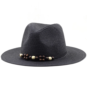 Classic black woven Panama hat with bohemian multi-colored wooden bead chain decoration