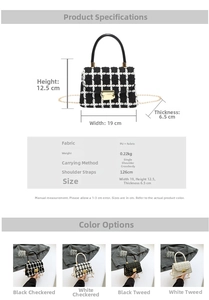 Tableau détaillé des dimensions pour sac à bandoulière en tweed avec spécifications