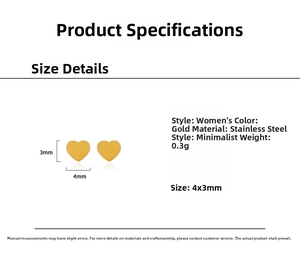 Close-up of a 4x3mm golden stainless steel heart stud earring with size measurements