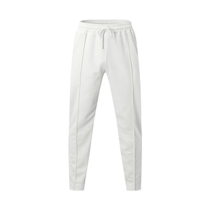 Detail view of white casual joggers with elastic drawstring waist and vertical seam stitching