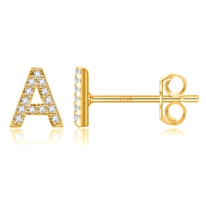S925 silver letter A stud earrings with gold plating and cubic zirconia inlay