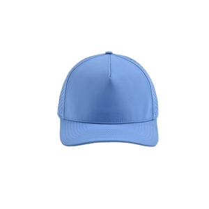 Detail view of laser-cut side vents on a breathable quick-dry light blue baseball cap