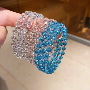 Macro detail of multi-layer crystal beaded bracelet with faceted blue and clear stones
