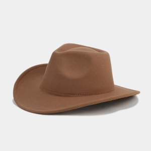Detailed side view of camel wool felt cowboy hat with fine textured finish