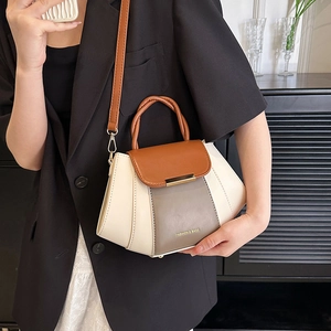 Contrast color beige and brown PU leather square handbag with woven handle and shoulder strap