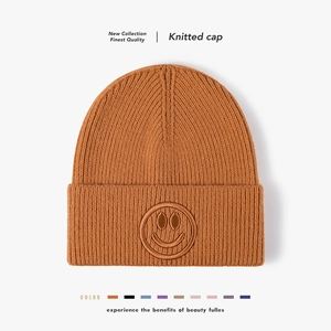 Smiley Face Embroidery Ribbed Knit Beanie Winter Warm Sheep Wool Blend Cuffed Skull Cap For Men Women Casual Outdoor