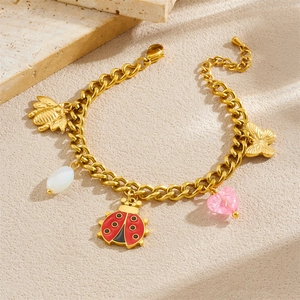 Gold-plated stainless steel bracelet with bee, ladybug, and heart enamel charms