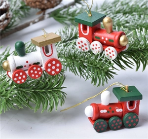 6-piece wooden Christmas train ornaments in red, green, and white for holiday tree decor