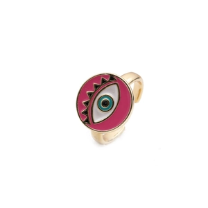 Adjustable gold plated evil eye ring with pink enamel disc charm for women